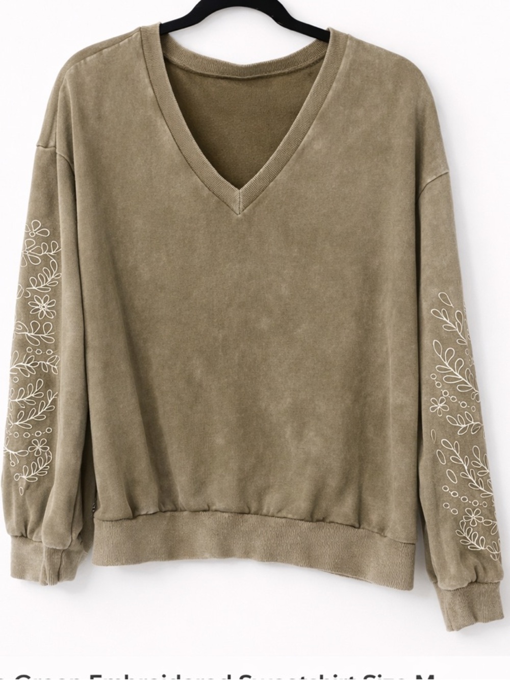 Olive Green Embroidered Sleeve Sweatshirt V-Neck Pullover